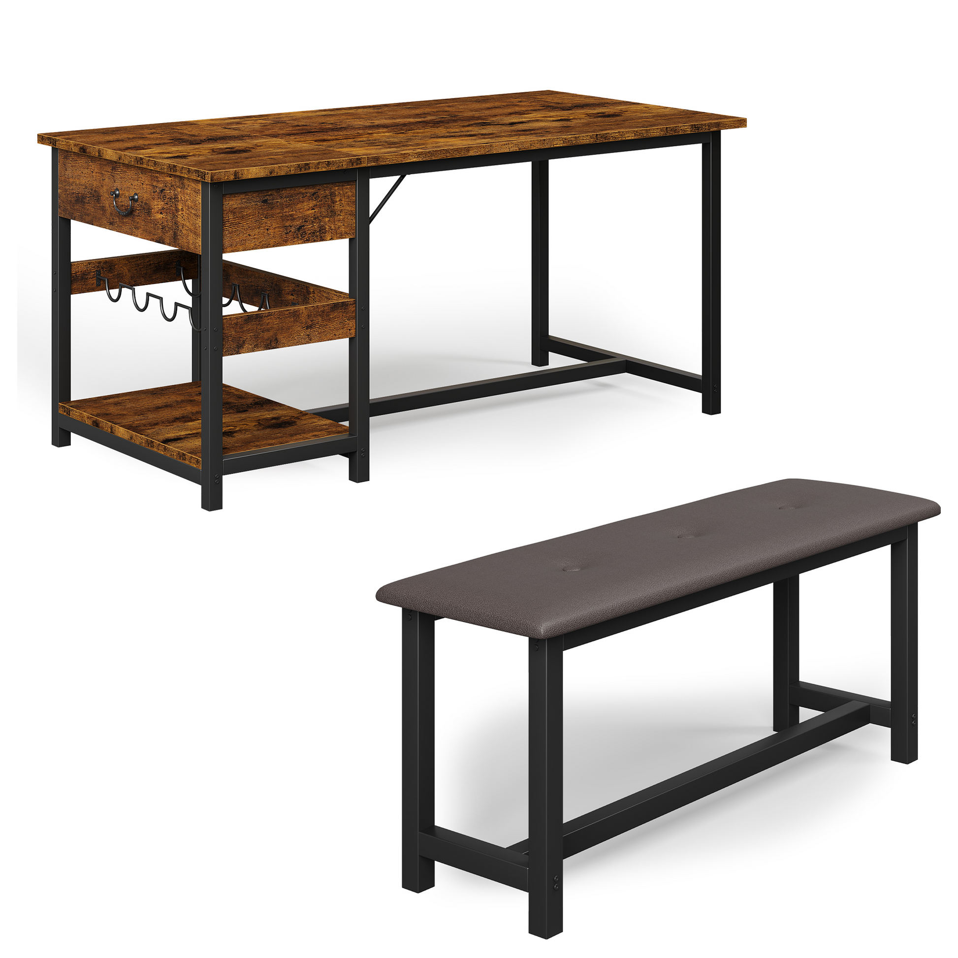 Set da pranzo Garvee per 4 persone con spazio di archiviazione e portabottiglie, panche imbottite, struttura in MDF e acciaio, marrone retrò, salvaspazio, cucine piccole