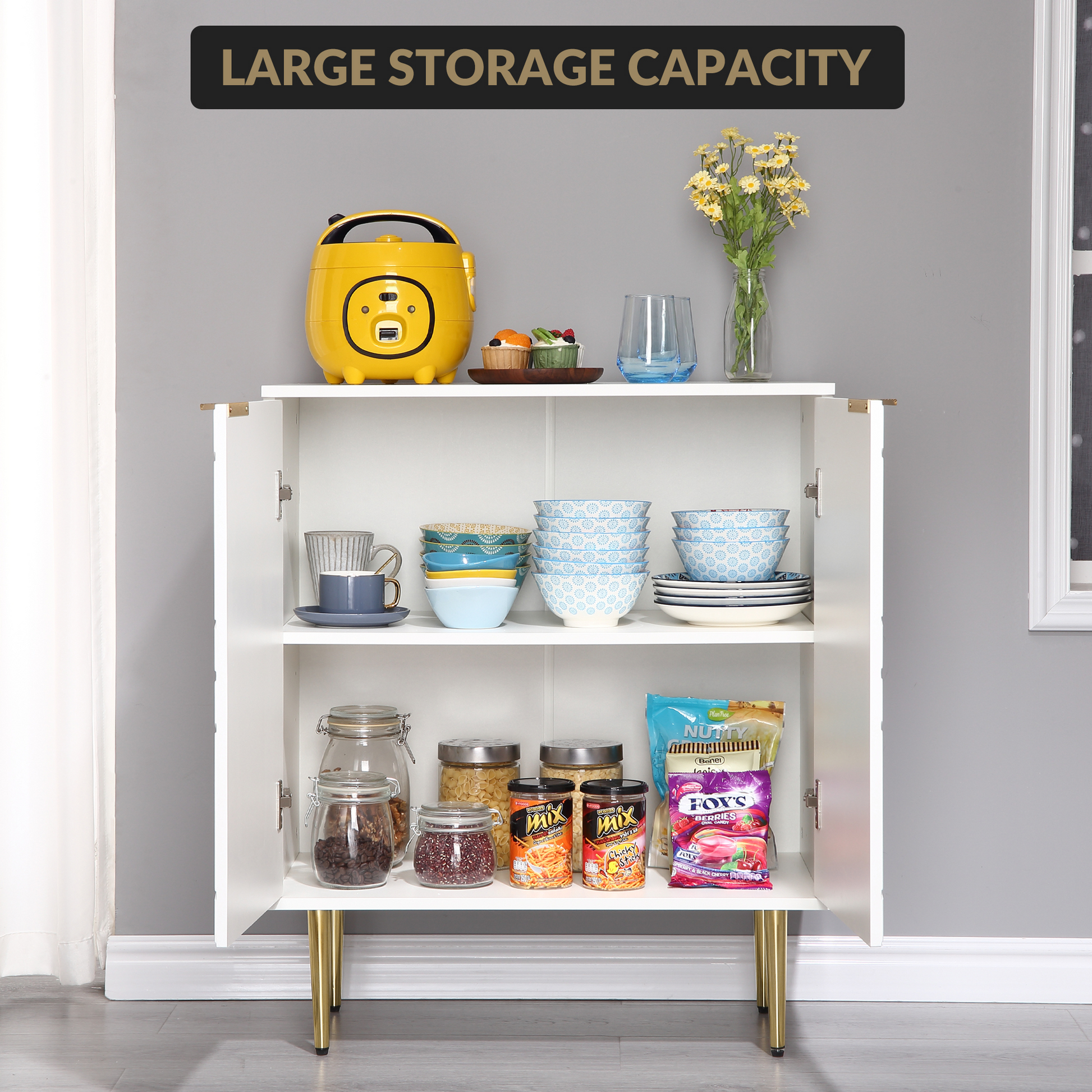 Mobile buffet Garvee con 2 ante, credenza moderna da cucina, robusto legno MDF, bianco, per sala da pranzo e corridoio, 29 pollici