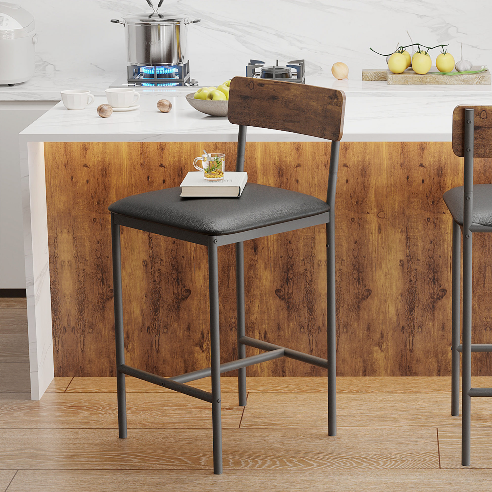 Set di 2 sgabelli in barra Garvee, imbottiti con spondine e poggiapiedi, per cucina e isolamento, 16.59"x15.39"x37.49", rustico
