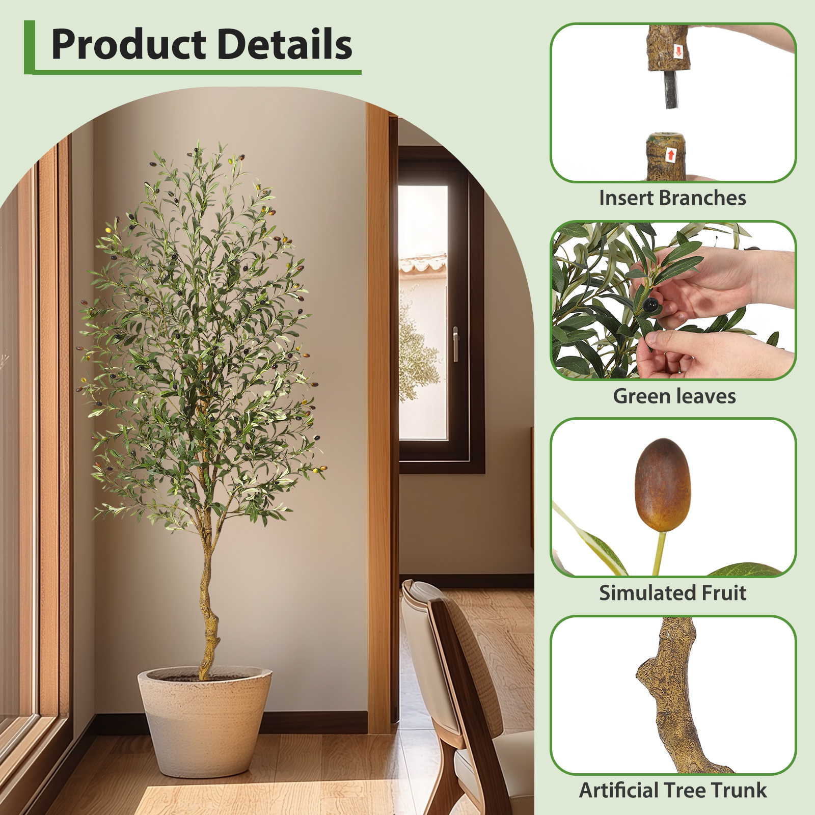 Albero di ulivo artificiale Garvee da 7 piedi con foglie e frutti realistici, struttura in metallo resistente per soggiorno e ufficio, facile da pulire, verde