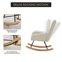 Sedia a dondolo per cameretta dei bambini Garvee con tessuto Teddy, ergonomica, stabile, struttura in ferro, gambe in legno, beige, per soggiorno e camera da letto