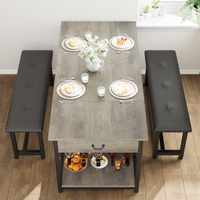 Set da pranzo Garvee per 4 persone con spazio di archiviazione e portabottiglie, panche imbottite, struttura in MDF e metallo, grigio, salvaspazio, stanze piccole