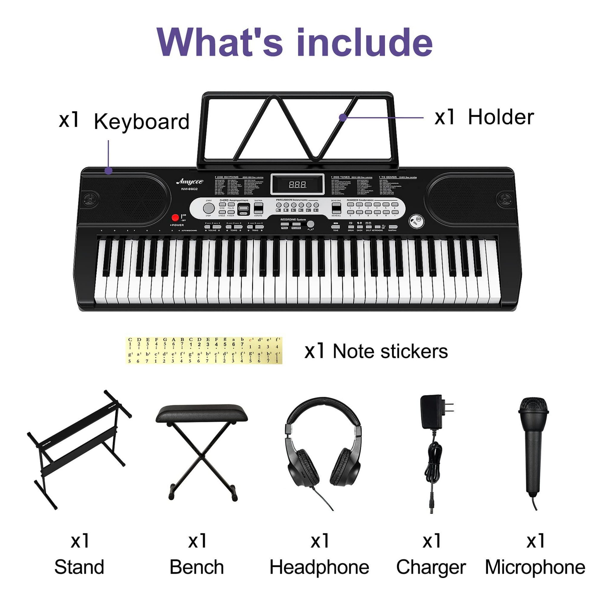 Tastiera pianoforte Garvee Kids a 61 tasti con borsa, microfono, cuffie per principianti, portatile per uso domestico, nero