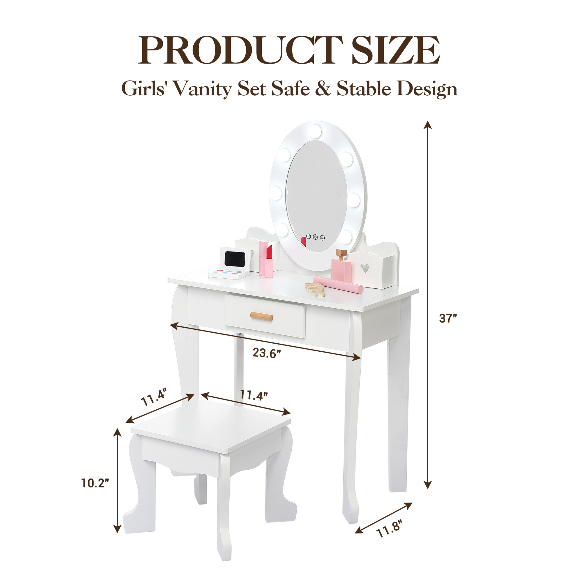 Set da toeletta per bambini Garvee con specchio e luce, in legno MDF, bordi arrotondati, sgabello, per bambine dai 4 ai 9 anni, bianco, per camera da letto e sala giochi