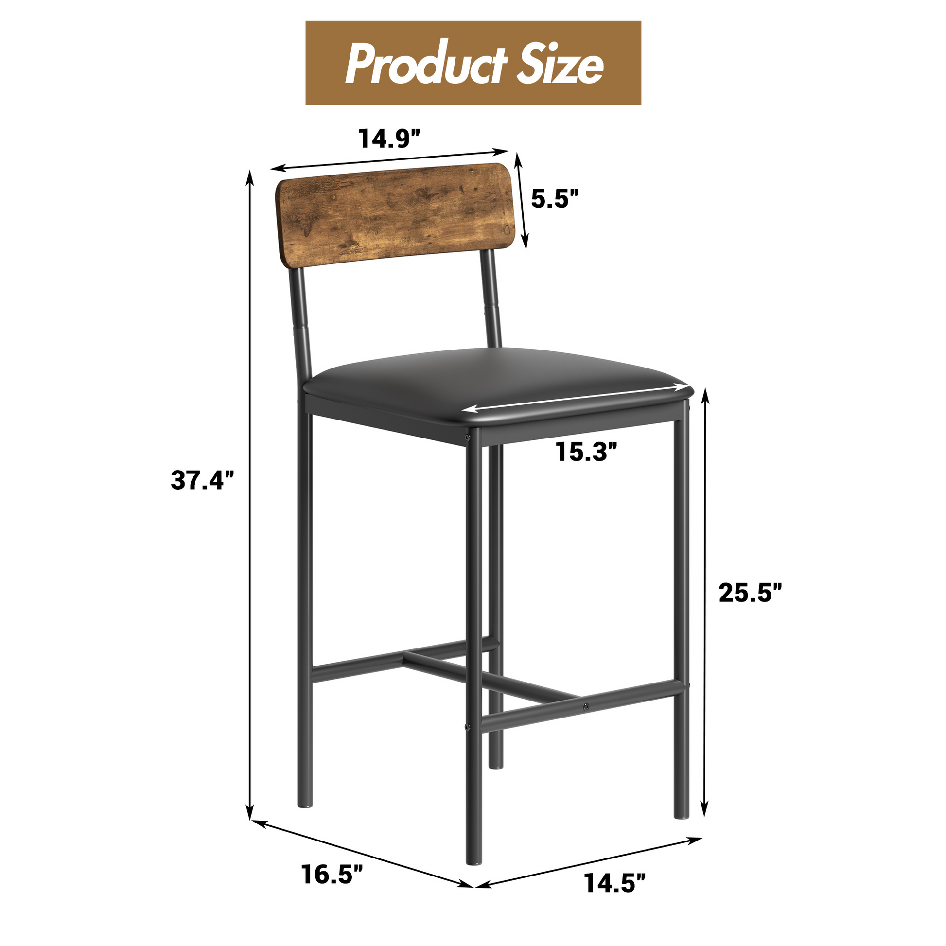 Set di 2 sgabelli in barra Garvee, imbottiti con spondine e poggiapiedi, per cucina e isolamento, 16.59"x15.39"x37.49", rustico