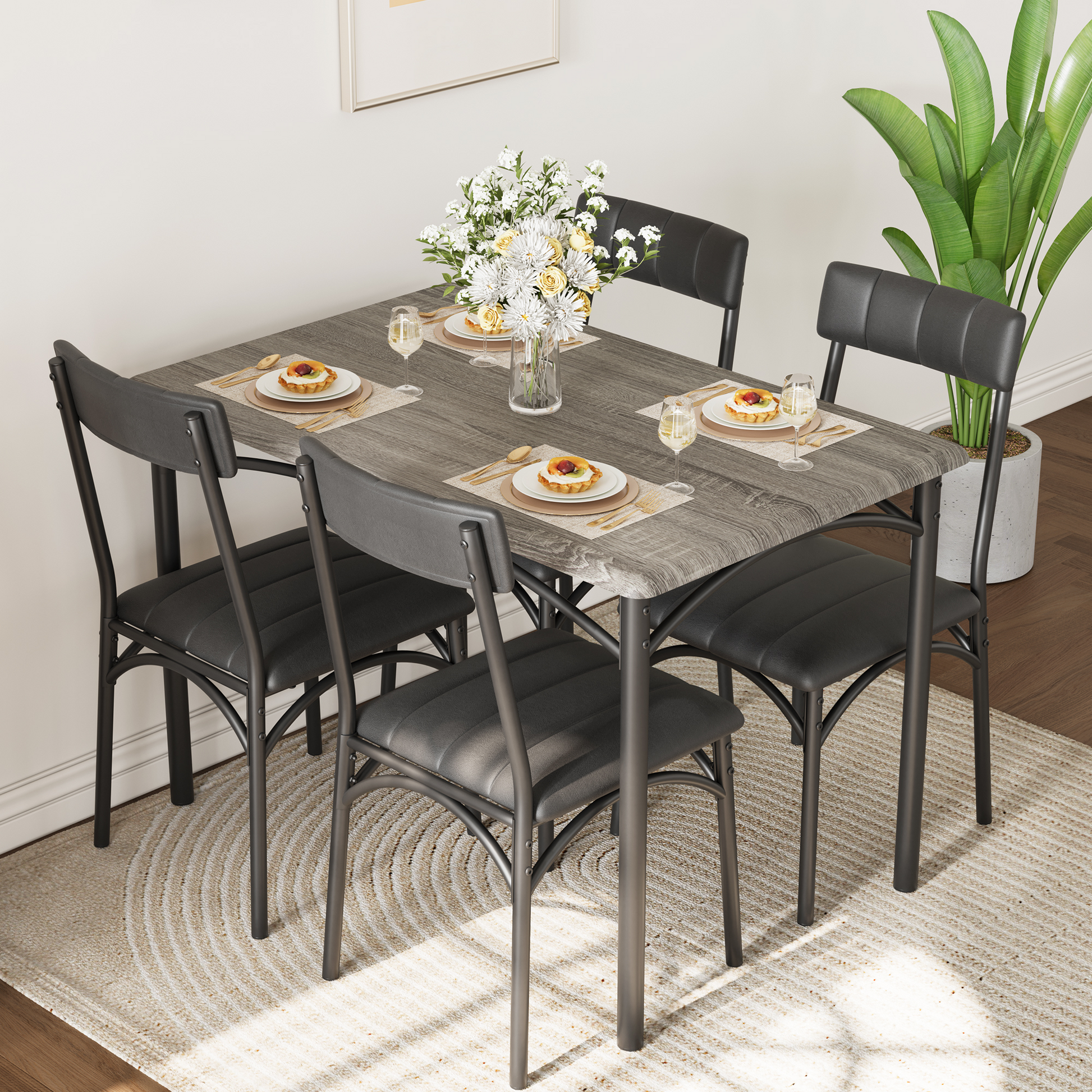Set da pranzo Garvee, 5 pezzi, sedie imbottite, MDF robusto e acciaio, grigio rustico, per stanze e appartamenti di piccole dimensioni