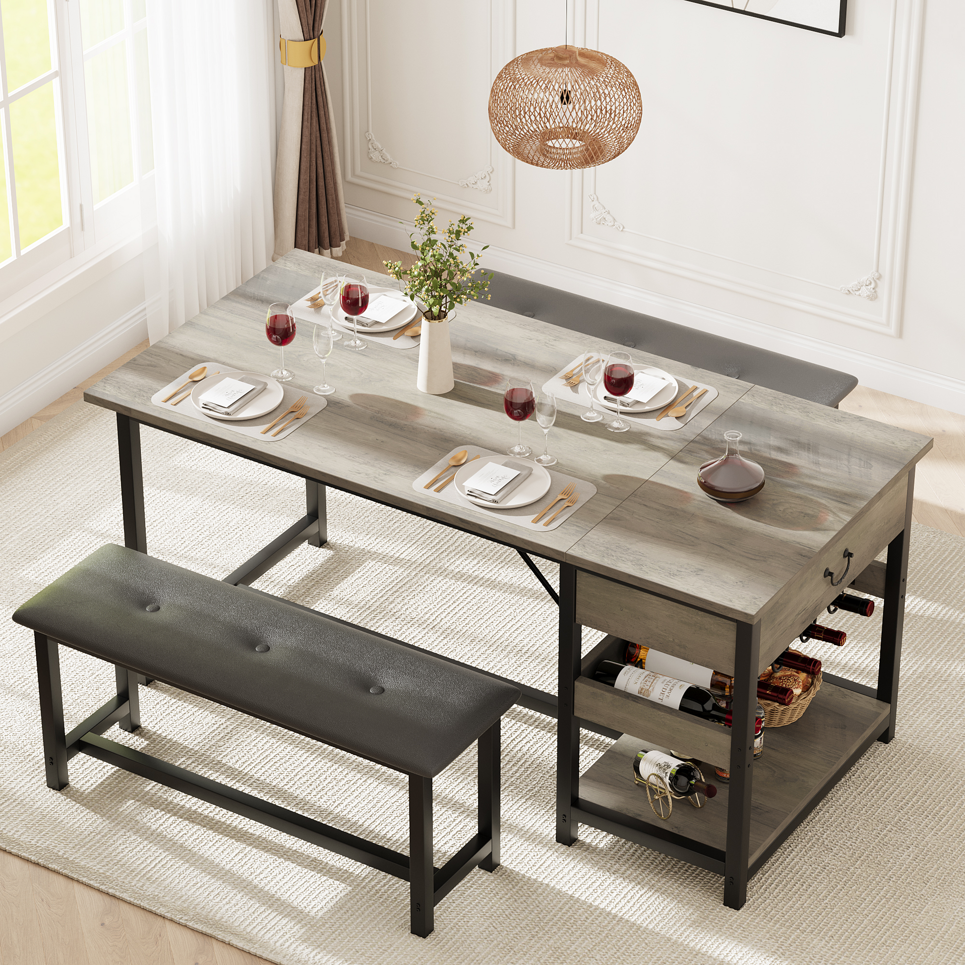 Set da pranzo Garvee per 4 persone con spazio di archiviazione e portabottiglie, panche imbottite, struttura in MDF e metallo, grigio, salvaspazio, stanze piccole