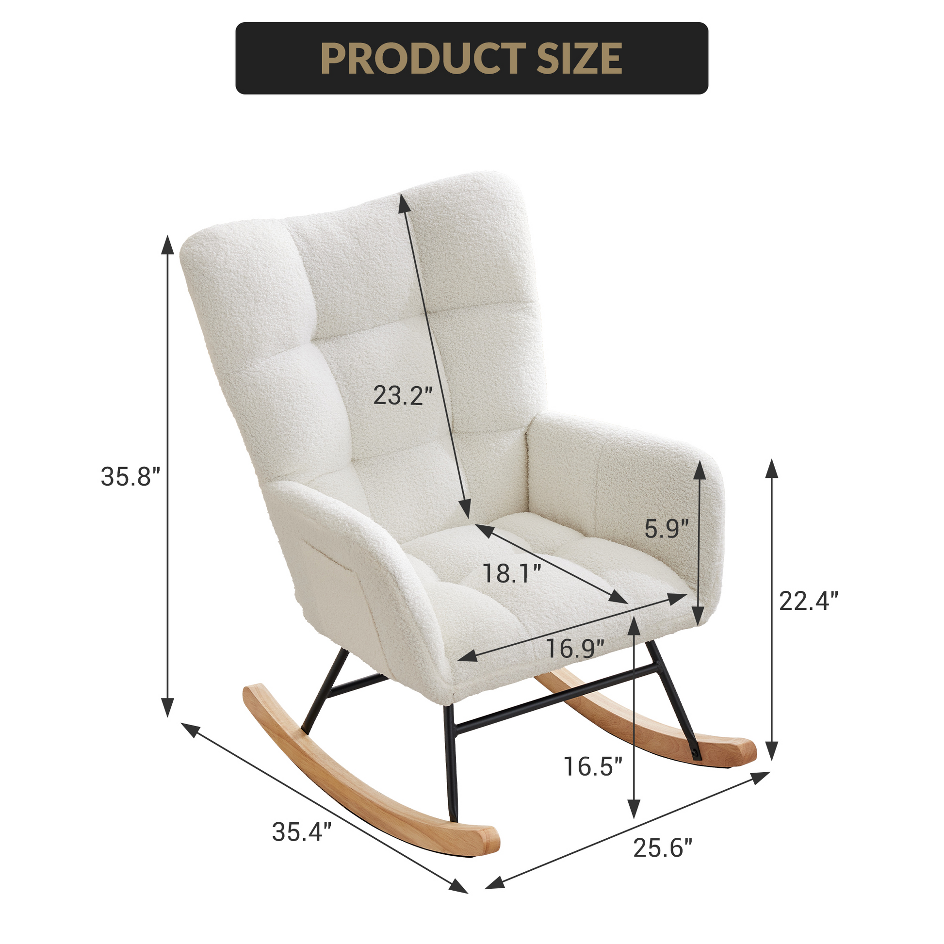 Sedia a dondolo per cameretta dei bambini Garvee con tessuto Teddy, ergonomica, stabile, struttura in ferro, gambe in legno, beige, per soggiorno e camera da letto