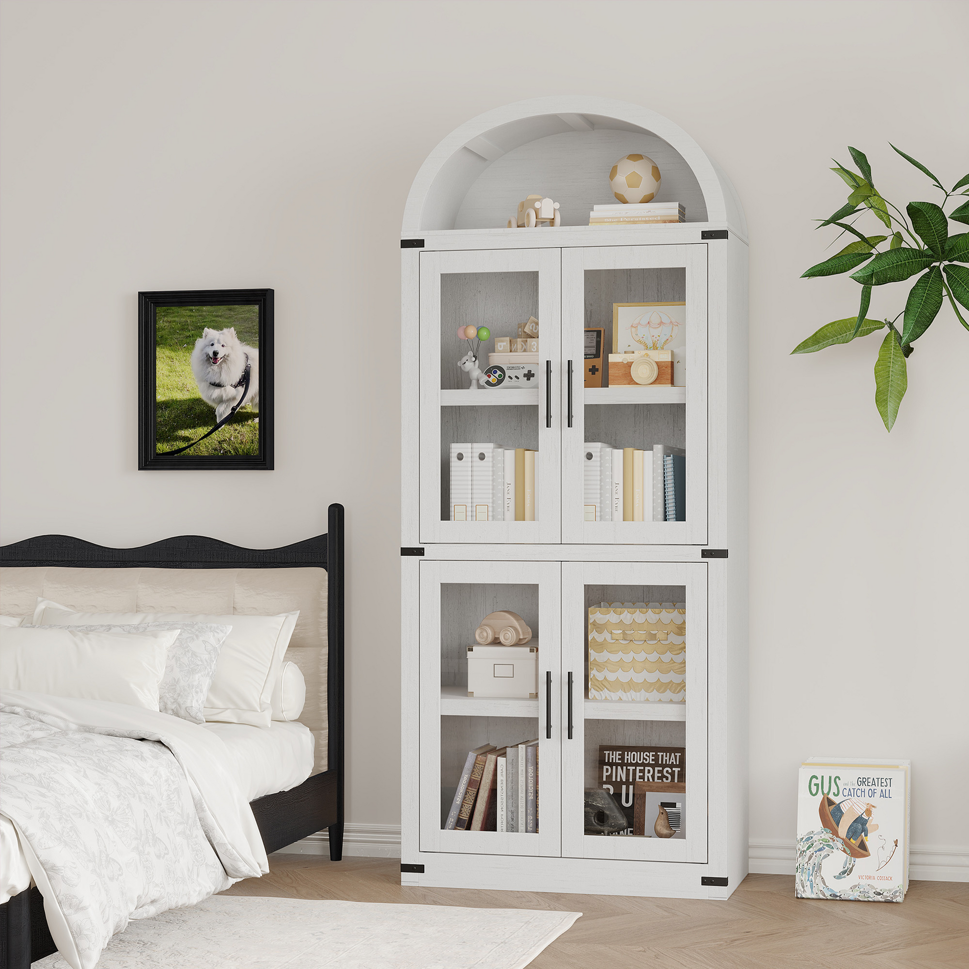 Mobiletto ad arco Garvey alto 71,6" per dispensa da cucina in legno stile fattoria, grande spazio di archiviazione, bianco