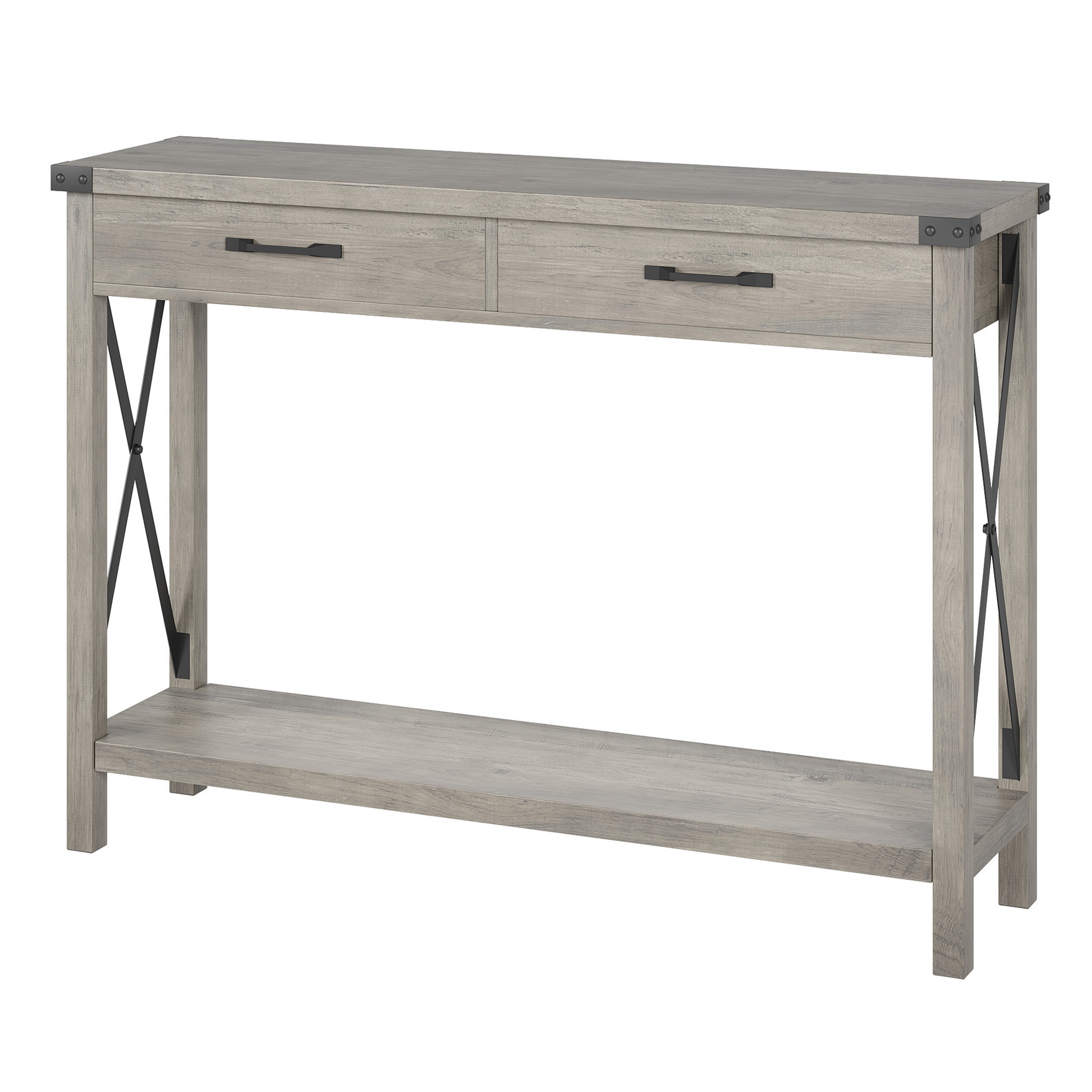Consolle Garvee con 2 cassetti, stile rustico, ripiano portaoggetti, MDF e metallo, grigio, per corridoio e soggiorno