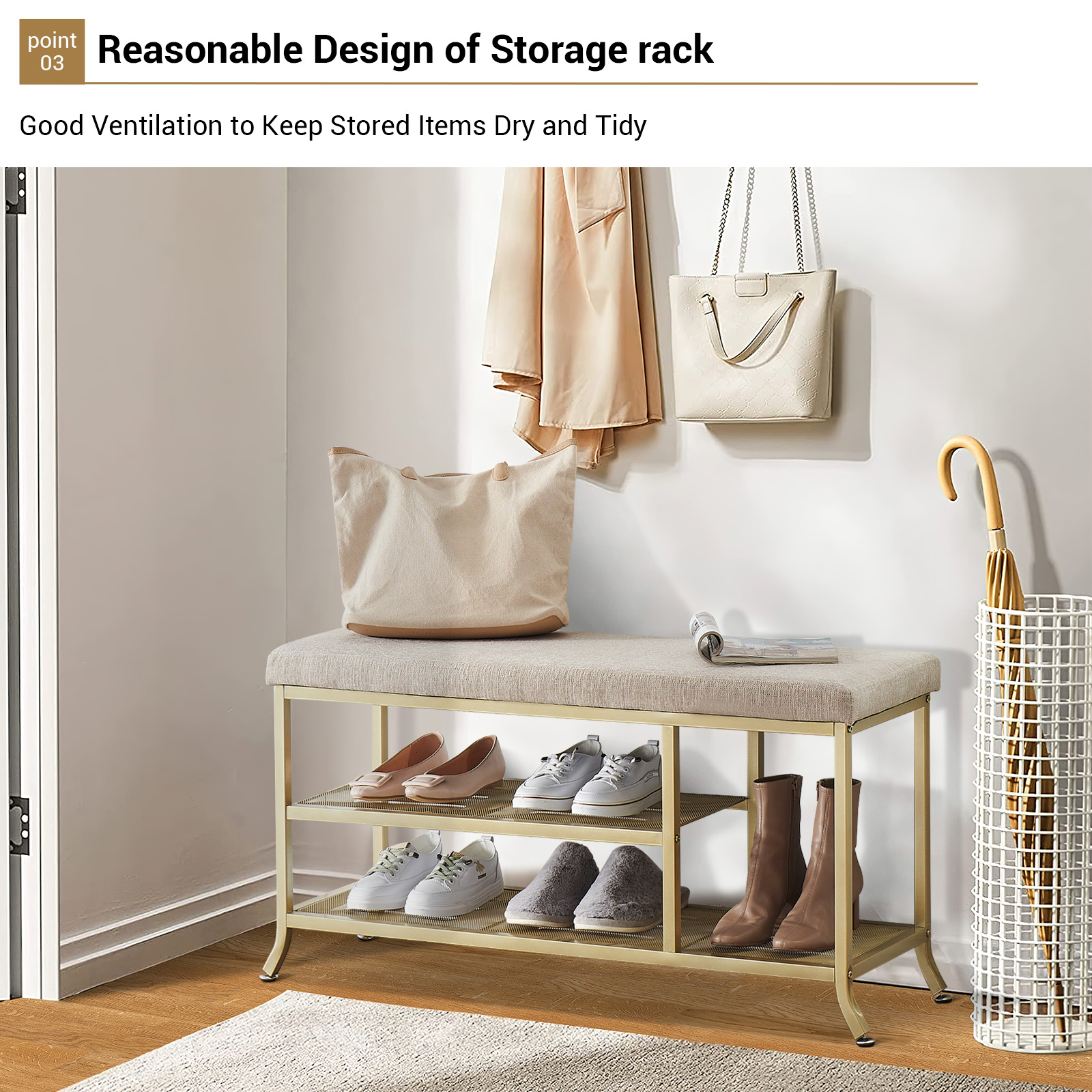 Scarpiera Garvee a 3 ripiani con panca imbottita, struttura in metallo, robusta per corridoio e camera da letto, 39,3x12,6x18,9 pollici, grigio