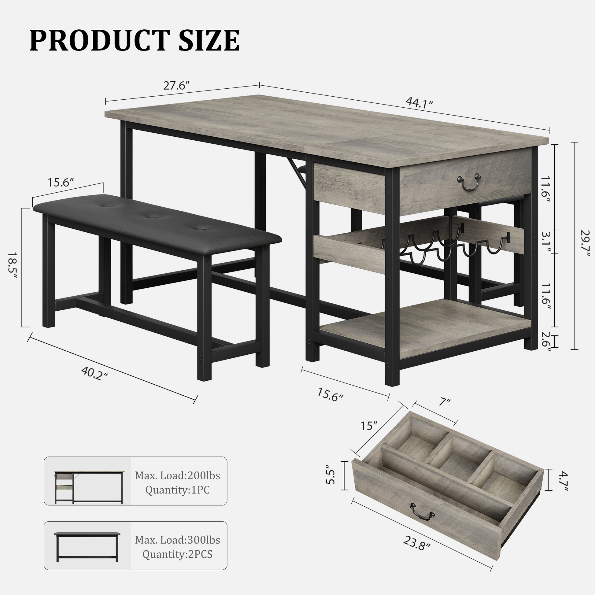 Set da pranzo Garvee per 4 persone con spazio di archiviazione e portabottiglie, panche imbottite, struttura in MDF e metallo, grigio, salvaspazio, stanze piccole