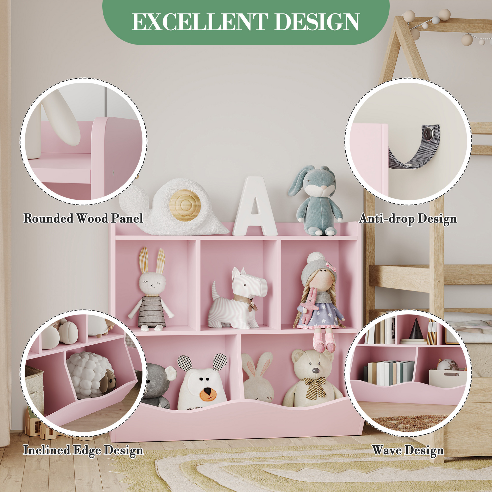 Libreria portagiochi per bambini Garvee con 3 ripiani e 2 contenitori ribaltabili, in legno, dispositivo antiribaltamento per camera da letto e sala giochi, 36x11x31 cm, marrone retrò