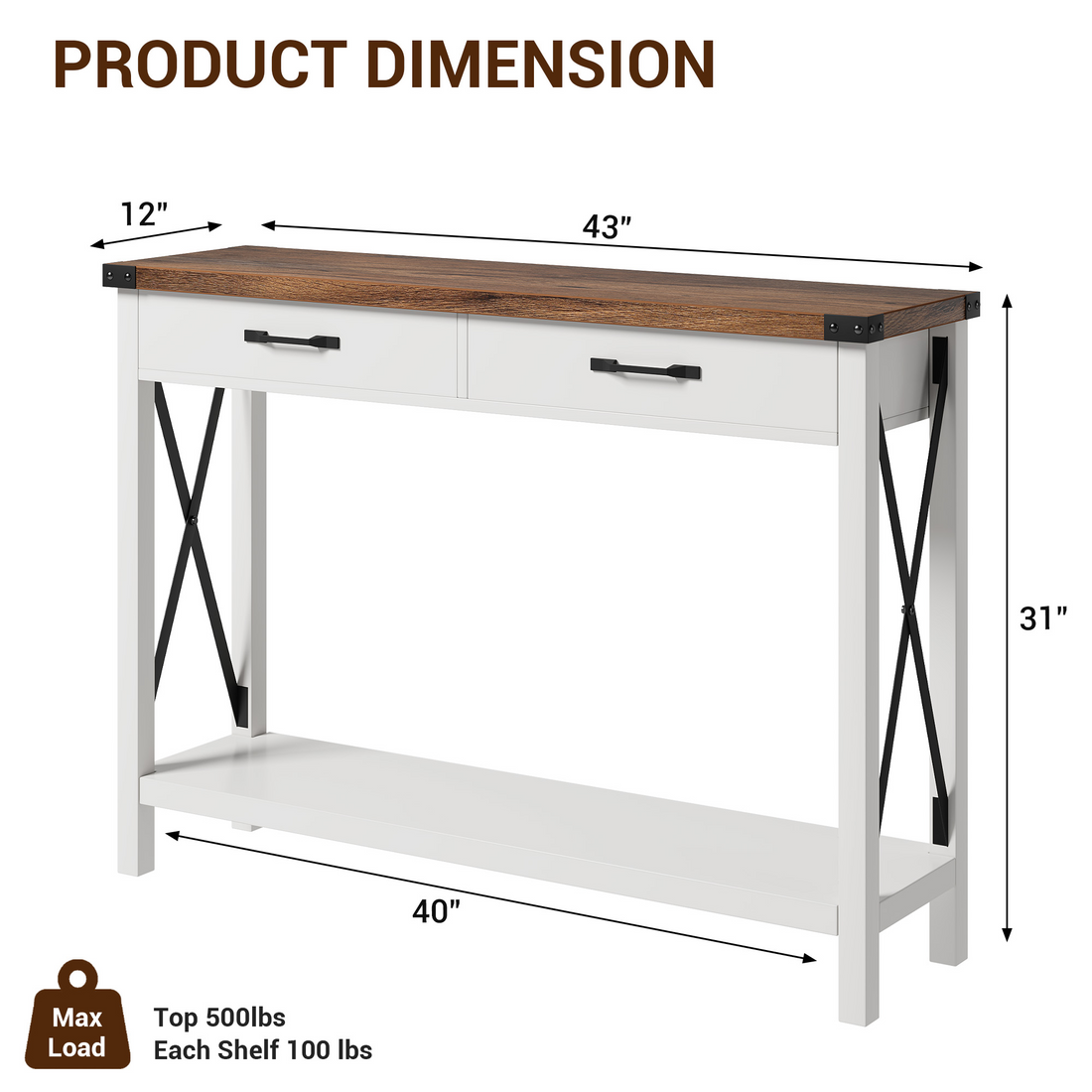 Consolle Garvee con 2 cassetti e ripiano, in legno e metallo, robusta, moderna e rustica, nera e bianca, per corridoio o soggiorno, 43"L x 30"W x 12"H
