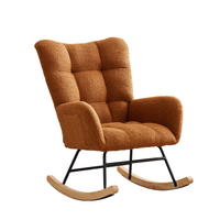 Sedia a dondolo per cameretta dei bambini Garvee, ergonomica, morbida, con rivestimento Teddy, struttura in ferro e gambe in legno, marrone, per allattamento e relax.