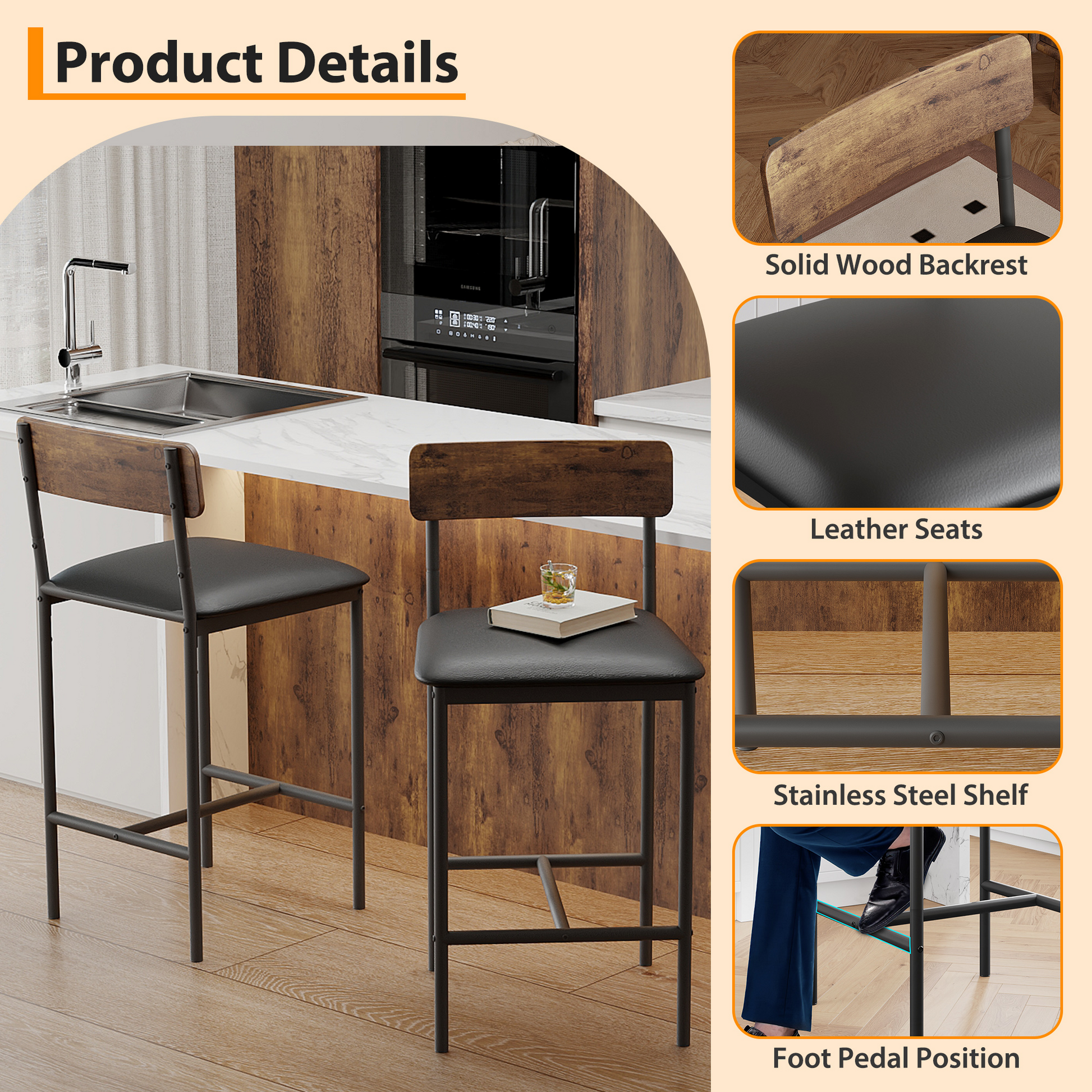 Set di 2 sgabelli in barra Garvee, imbottiti con spondine e poggiapiedi, per cucina e isolamento, 16.59"x15.39"x37.49", rustico