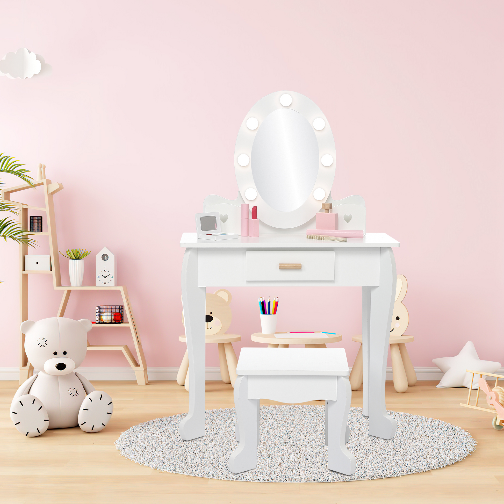 Set da toeletta per bambini Garvee con specchio e luce, in legno MDF, bordi arrotondati, sgabello, per bambine dai 4 ai 9 anni, bianco, per camera da letto e sala giochi