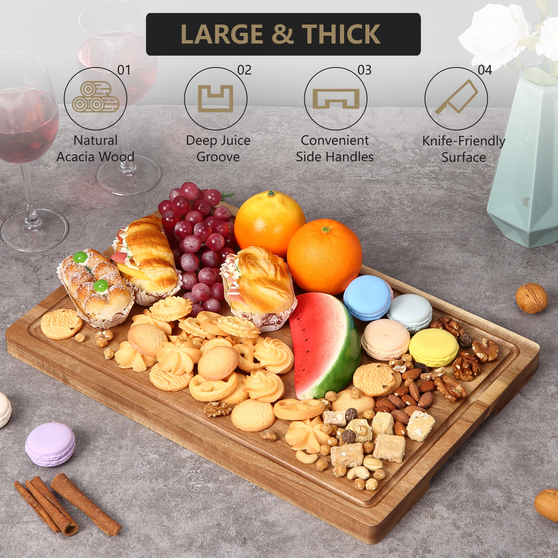 Tagliere extra large in legno di acacia Garvee 18x12" con scanalatura per il succo, manici, bordo rifinito, pre-oliato, robusto, versatile per la cucina