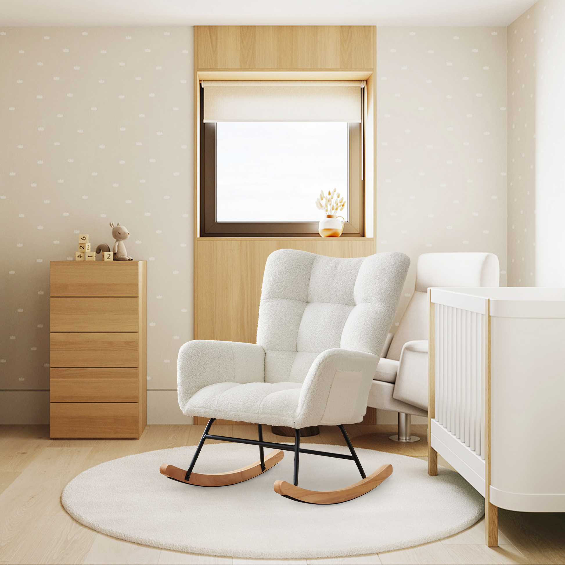 Sedia a dondolo per cameretta dei bambini Garvee con tessuto Teddy, ergonomica, stabile, struttura in ferro, gambe in legno, beige, per soggiorno e camera da letto