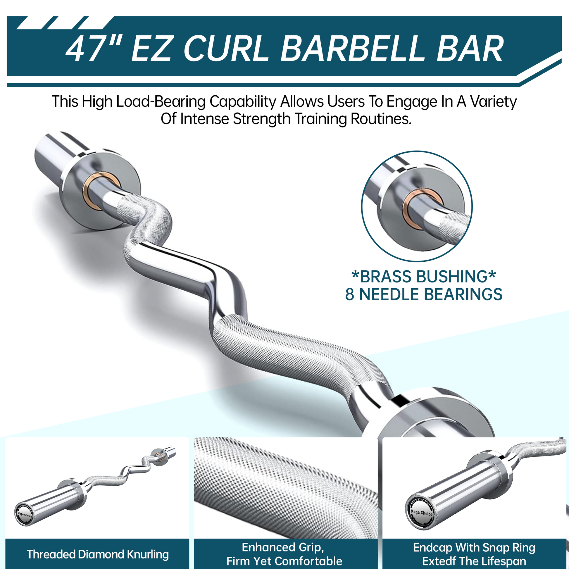 Bilanciere Garvee Olympic EZ Curl da 47" - Ergonomico, capacità 500 libbre, acciaio legato, manicotti in rame, pesi standard da 2", collari a molla, palestra