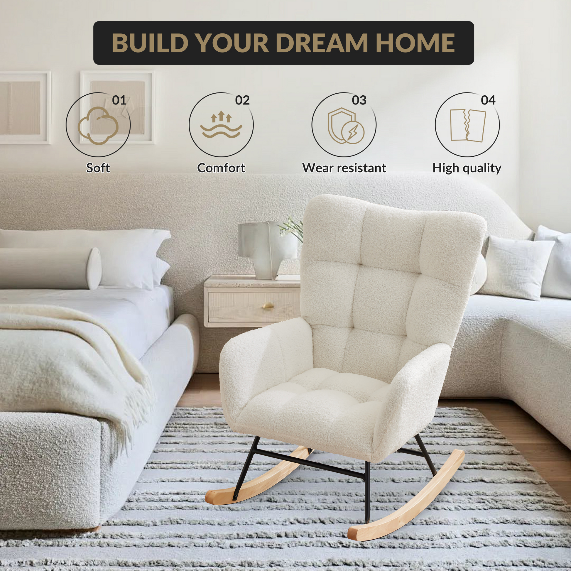 Sedia a dondolo per cameretta dei bambini Garvee con tessuto Teddy, ergonomica, stabile, struttura in ferro, gambe in legno, beige, per soggiorno e camera da letto