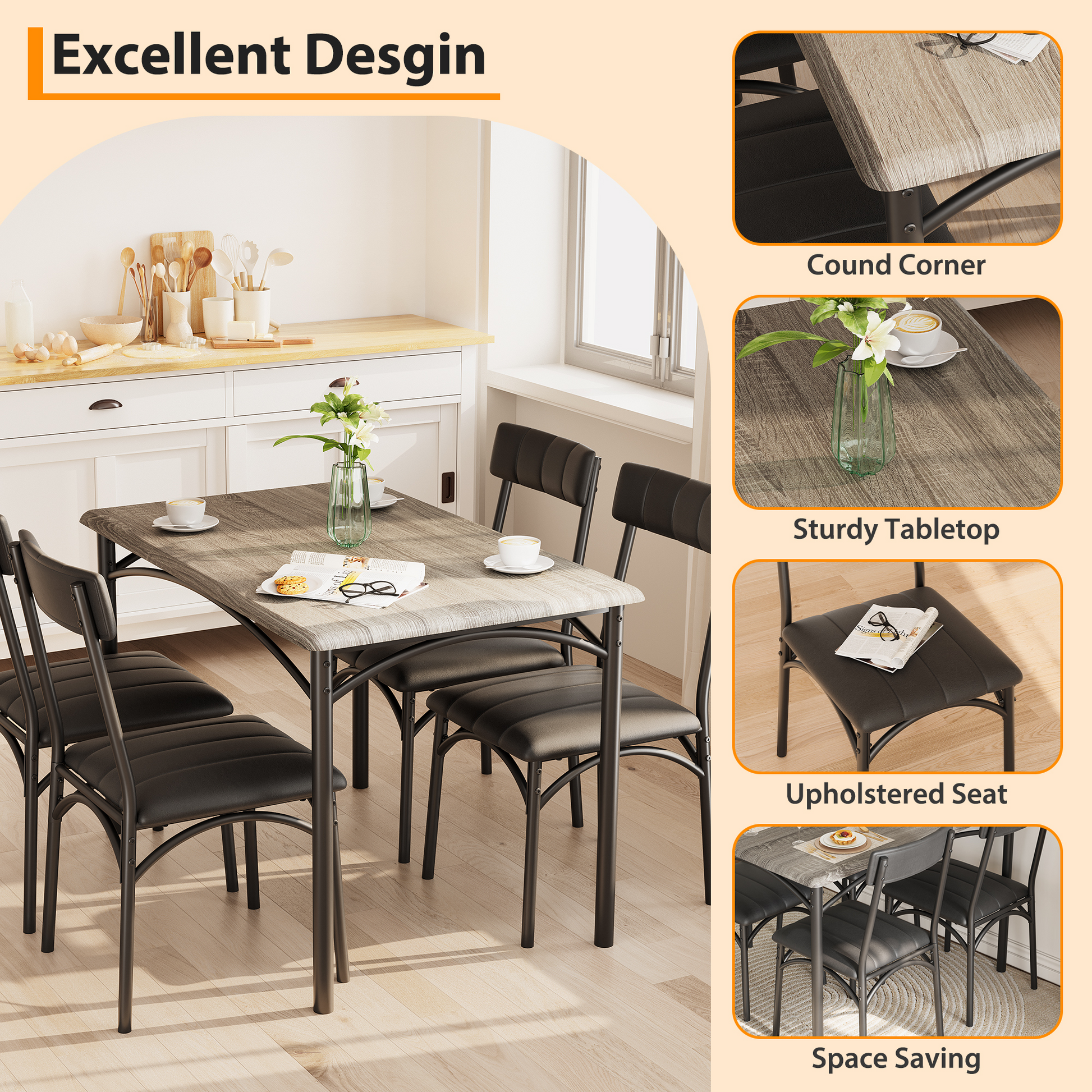 Set da pranzo Garvee, 5 pezzi, sedie imbottite, MDF robusto e acciaio, grigio rustico, per stanze e appartamenti di piccole dimensioni