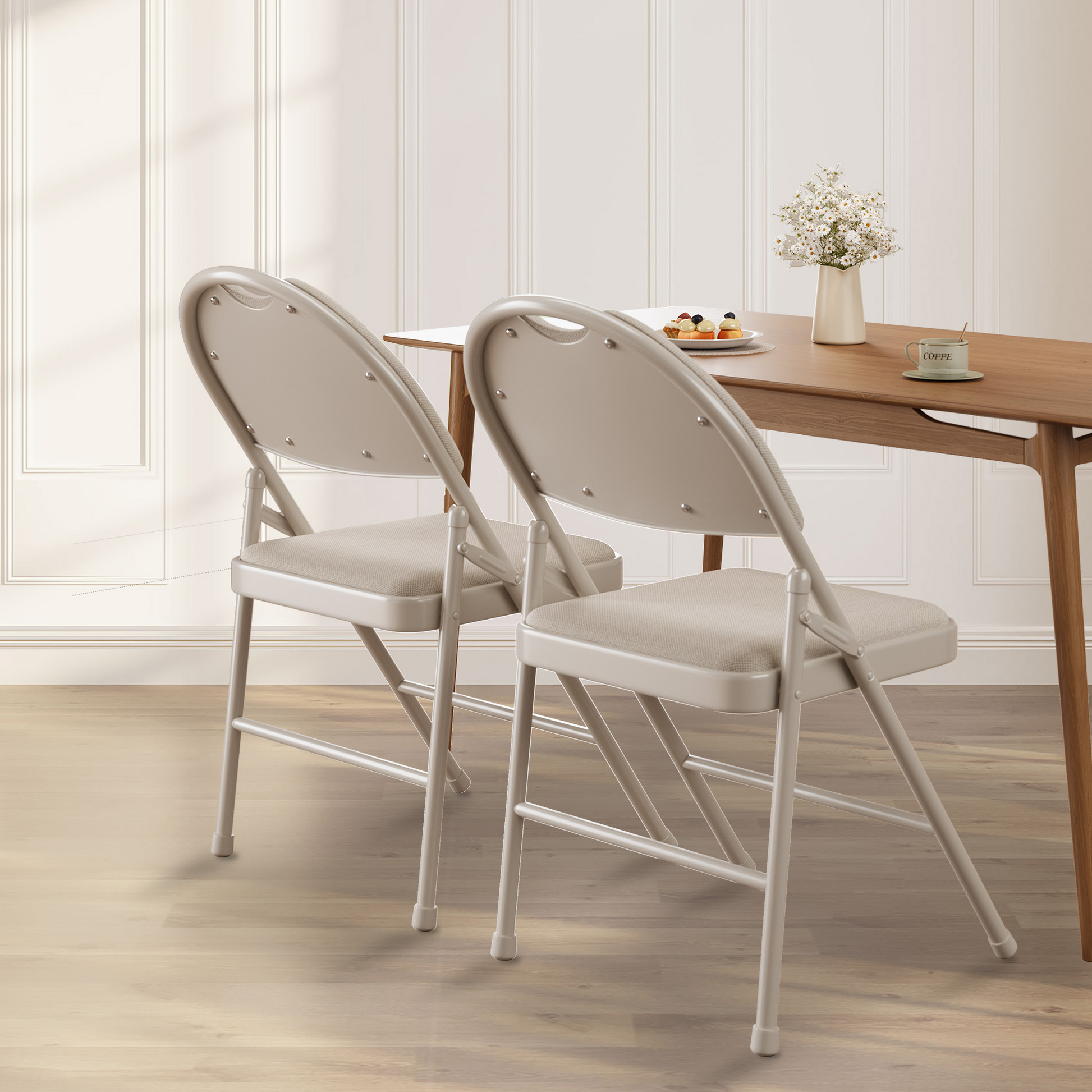 Garvee Set di 2 pieghevoli con rivestimento in tessuto di lino, struttura in metallo, ergonomiche, impilabili per ufficio e uso esterno, beige