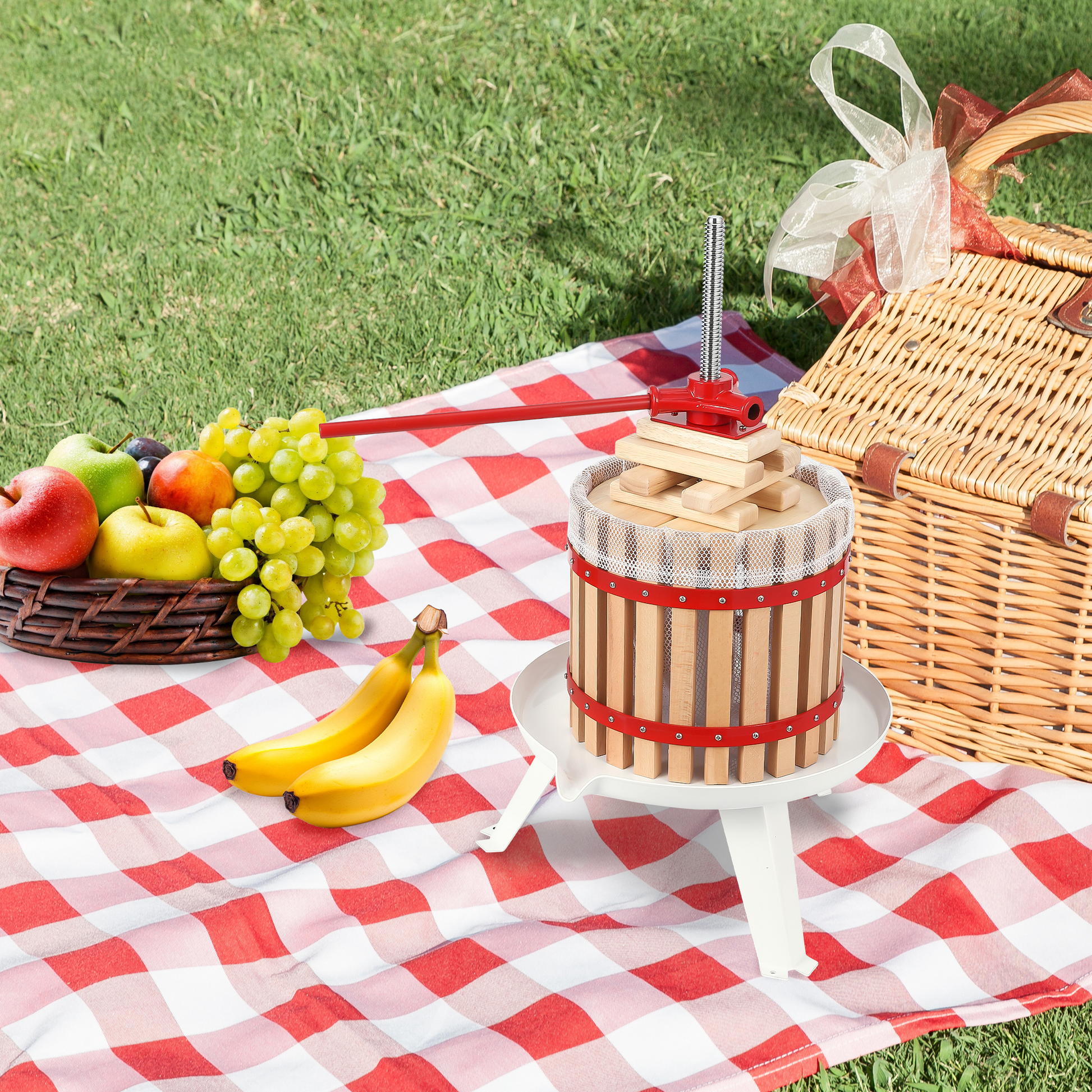 Garvee 3,2 Gal/12L Pressa per vino da frutta, cesto in legno con robusta struttura triangolare, per mele, uva, miele, pressa manuale con sacchetti filtro