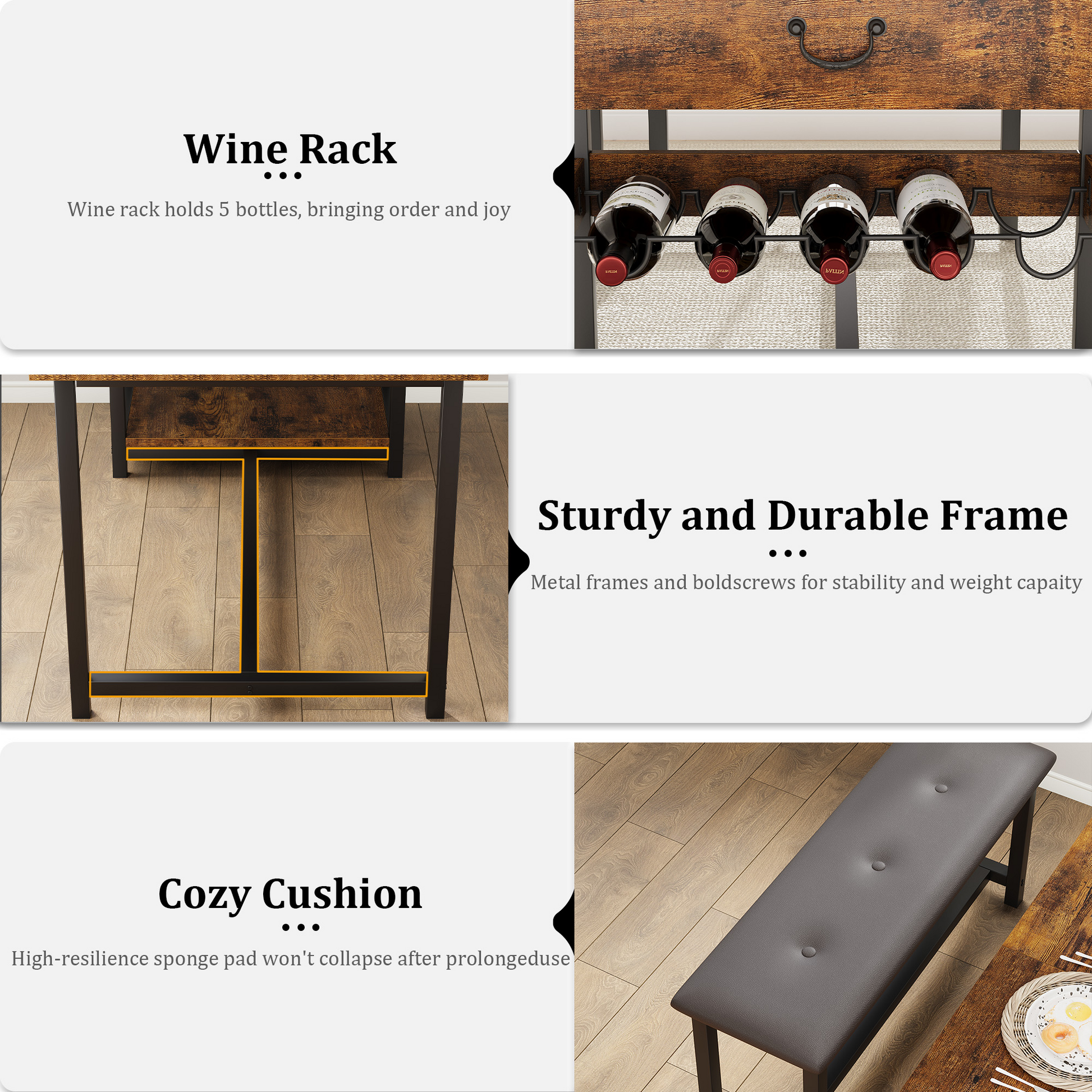 Set da pranzo Garvee per 4 persone con spazio di archiviazione e portabottiglie, panche imbottite, struttura in MDF e acciaio, marrone retrò, salvaspazio, cucine piccole