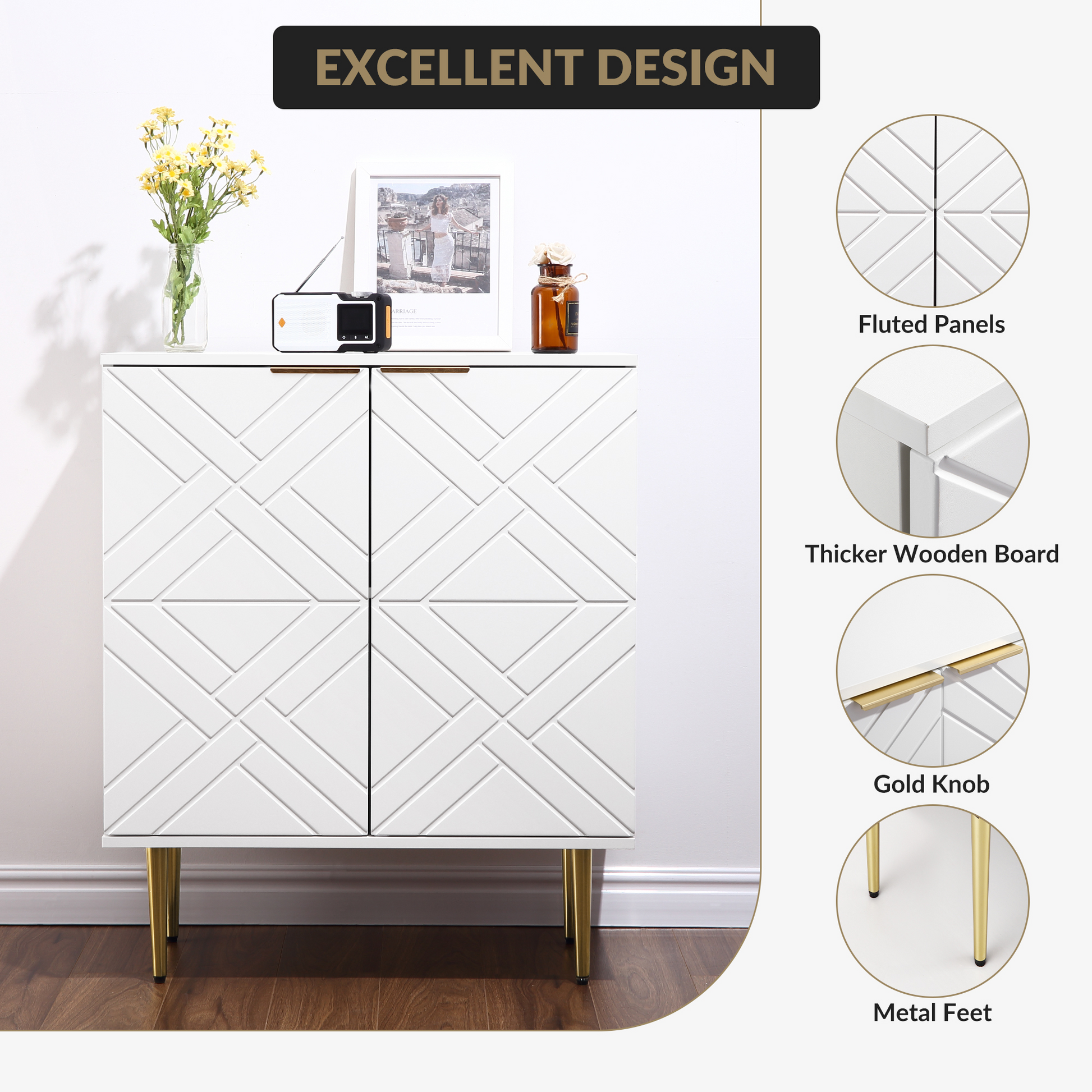 Mobile buffet Garvee con 2 ante, credenza moderna da cucina, robusto legno MDF, bianco, per sala da pranzo e corridoio, 29 pollici