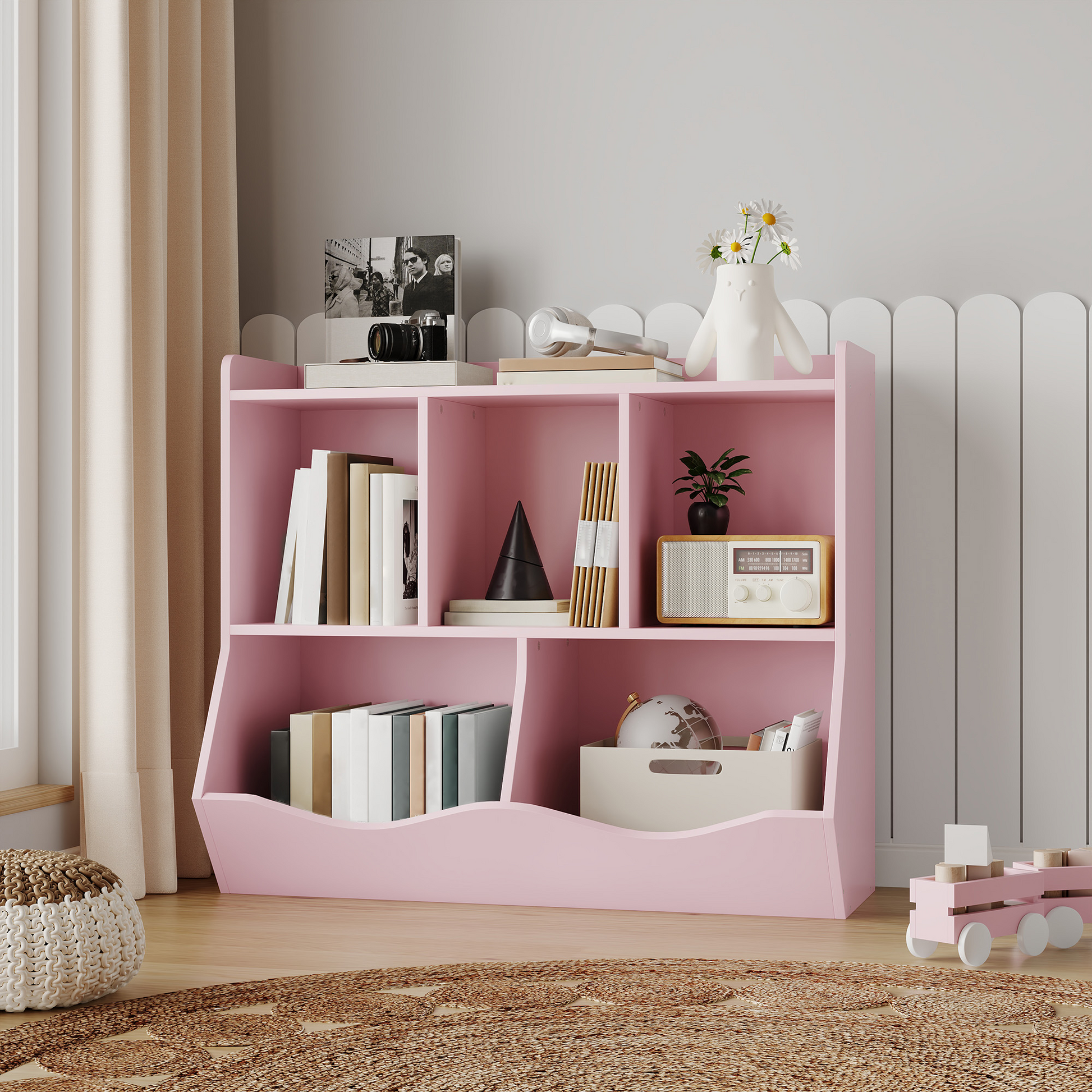 Libreria portagiochi per bambini Garvee con 3 ripiani e 2 contenitori ribaltabili, in legno, dispositivo antiribaltamento per camera da letto e sala giochi, 36x11x31 cm, marrone retrò