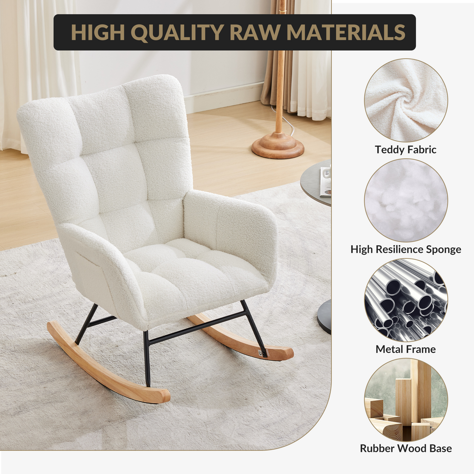 Sedia a dondolo per cameretta dei bambini Garvee con tessuto Teddy, ergonomica, stabile, struttura in ferro, gambe in legno, beige, per soggiorno e camera da letto